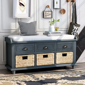 CAVINAS Storage Bench Shoe Rack Storage Bench with 3 Drawers and 3 Rattan Baskets - 1 of 3
