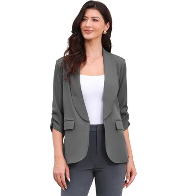 INSPIRE CHIC Women's Work Shawl Collar Ruched 3/4 Sleeves Open Front with Pockets Blazer