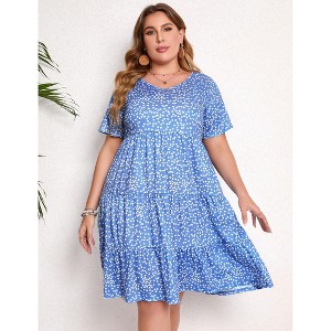 Women's Plus Size Lantern Sleeve Casual Ruffle Hem Loose Swing V Neck Tunic Mini Dress - 1 of 4