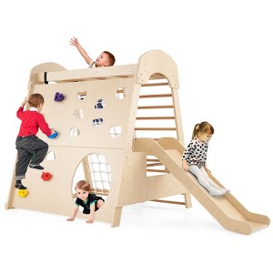 Costway 8-in-1 Indoor Jungle Gym Wooden Playground with Climbing Wall, Net, Ladder - 1 of 4