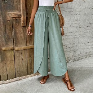 Clearlove Women's Elastic Waist Wide Leg Pants Solid Color Loose Fit Straight Cut Casual Trousers with Asymmetric Hem - 1 of 4
