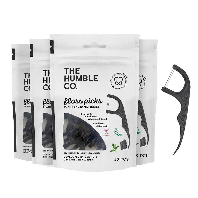 The Humble Co. Plant-Based Dental Floss Picks - Charcoal - 50ct/4pk, 1 of 7