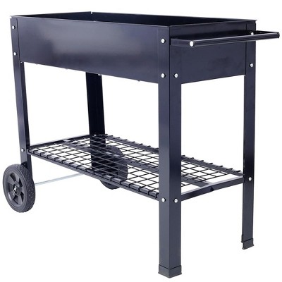 Black Steel Elevated Raised Garden Bed with Wheels and Storage Shelf
