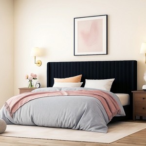 Velvet Upholstered Bed with Wingback Headboard, No Box Spring Needed - 1 of 4