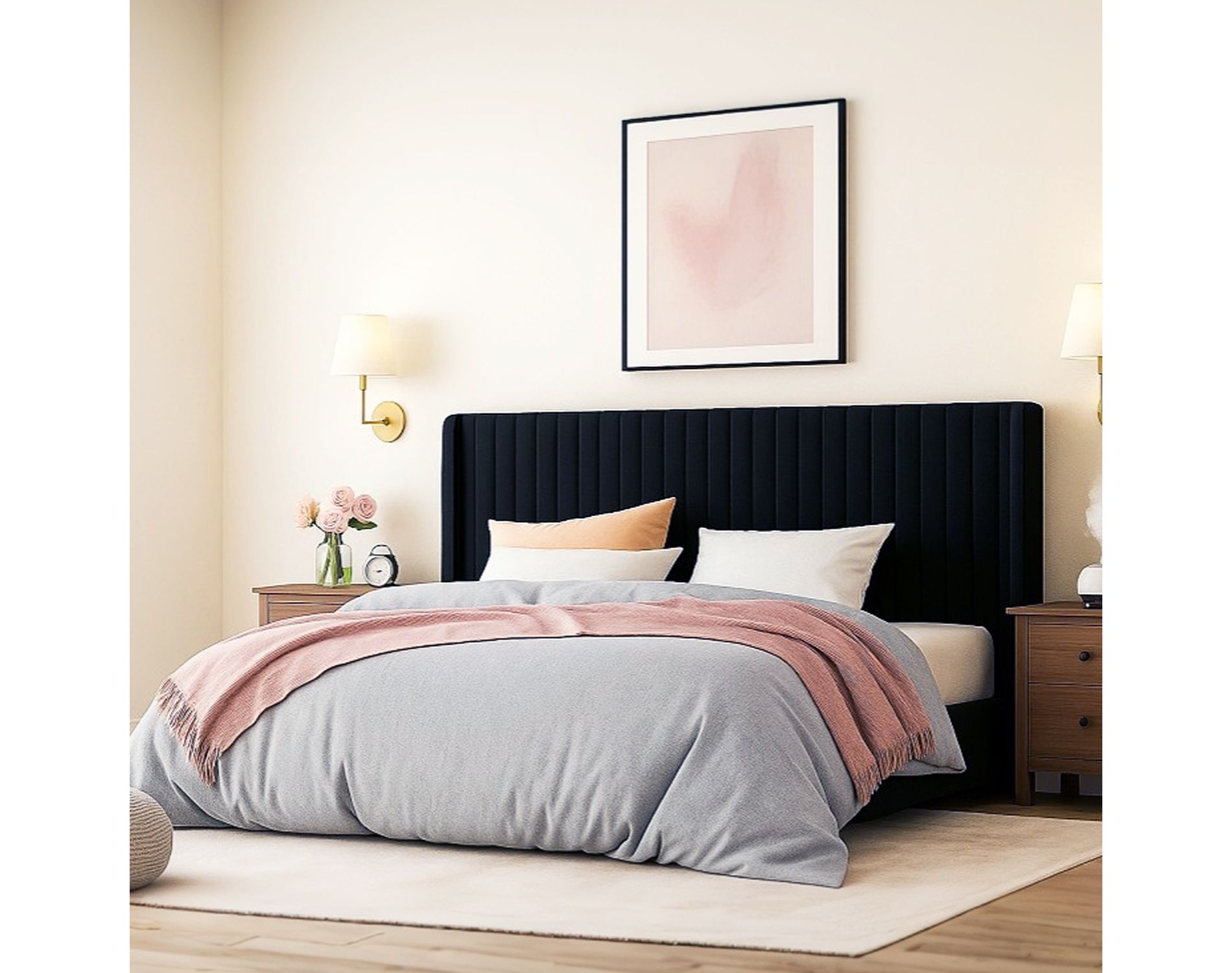 Velvet Upholstered Bed with Wingback Headboard, No Box Spring Needed