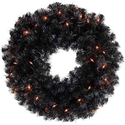 Northlight Pre-Lit Black Noble Spruce Artificial Halloween Wreath, 24-Inch, Orange Lights
