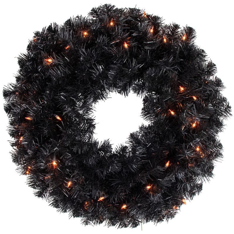 Northlight Pre-Lit Black Noble Spruce Artificial Halloween Wreath, 24-Inch, Orange Lights, 1 of 6