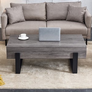 Coffee Table, Rustic Style Rectangular Coffee Table, Center Table, With Black Metal Legs, Wood Grain Table, Natural Wood Tones Tea Table,Grey - 1 of 4