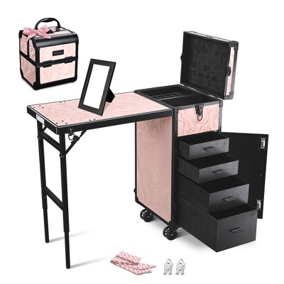 Byootique Rolling Nail Table w/ Makeup Case Cosmetic Organizer Aluminum Pink