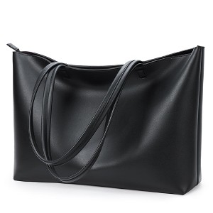 Tote Bag Zipper Shoulder Bag Faux Leather Purses for Women Large Casual Handbag Work Dating College, Black - 1 of 4