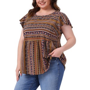 Agnes Orinda Women's Plus Size Boho Floral Printed Round Neck Butterfly Sleeve Babydoll Blouses - 1 of 4