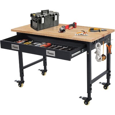 48" x 24" Adjustable Height Workbench – Heavy Duty Rubberwood Top, 2000 lbs Capacity, Mobile with Power Outlets