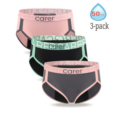 CARER 3-Pack Period Underwear Women Leak Proof Menstrual Absorbency Panties Period Hipster Briefs Reusable (Pink, Gray, Black)