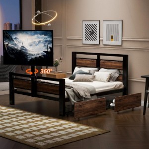 Twin Size Metal Platform Bed With MDF Heardboard Two Storage Drawers Rotatable TV Stand Industrial Modern Bed No Box Spring Needed For Bedroom - 1 of 4