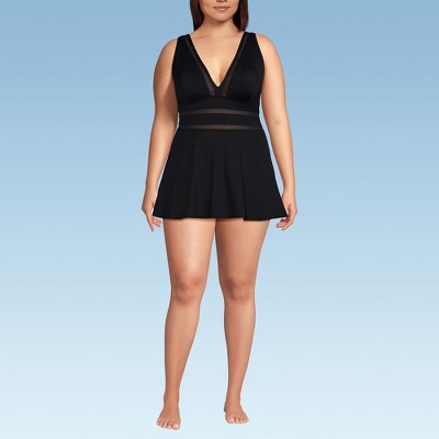 Lands' End Women's Mesh V-neck Mini Swim Dress Swimsuit