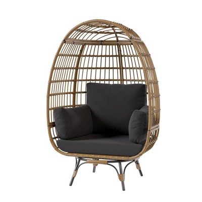 Oversize 360° Swivel Egg Chair – Indoor Outdoor Rattan Lounge Chair with Stand & 4 Cushions