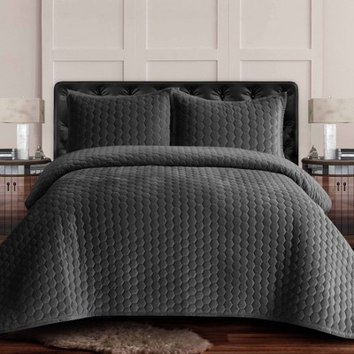 Tribeca Living Queen Lugano Honeycomb Velvet Oversized Quilt Bedding ...