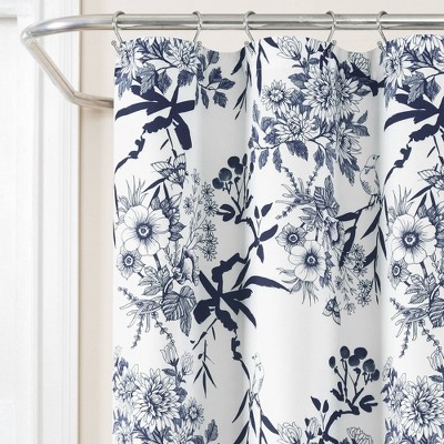 Navy and White Floral Botanical Garden Shower Curtain