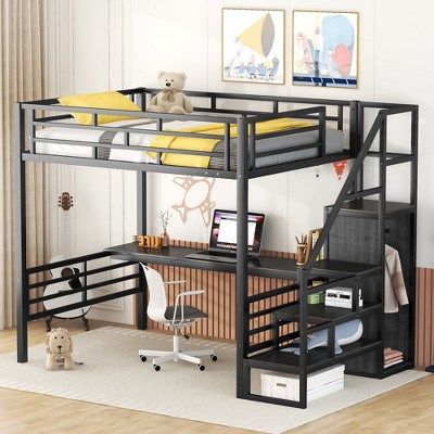 Whisen Full Size Metal Loft Bed with Desk and Convertible Storage Staircase and Small Wardrobe