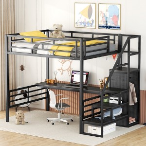 Full Size Metal Loft Bed with Desk, Storage Staircase and Small Wardrobe – ModernLuxe - 1 of 4