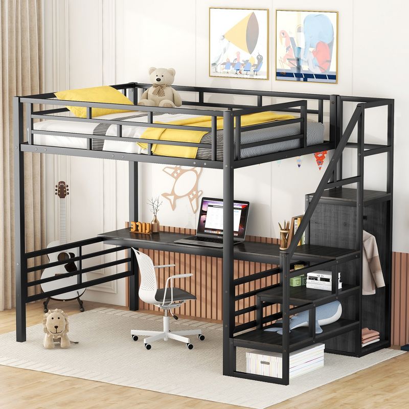 Full Size Metal Loft Bed with Desk, Storage Staircase and Small Wardrobe – ModernLuxe, 1 of 11