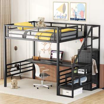 Full Size Metal Loft Bed with Desk, Storage Staircase and Small Wardrobe – ModernLuxe