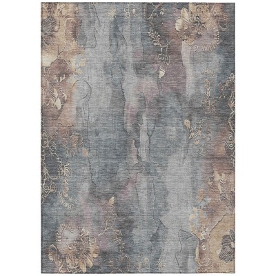 Gray And Beige Floral Washable Indoor Outdoor Area Rug