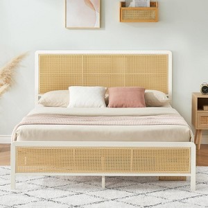 homfan Rattan Platform Bed Frame With Headboard, Modern Style Cane Boho Bed Frames With Heavy Duty Sturdy Steel Slat Support, No Box Spring Needed - 1 of 4
