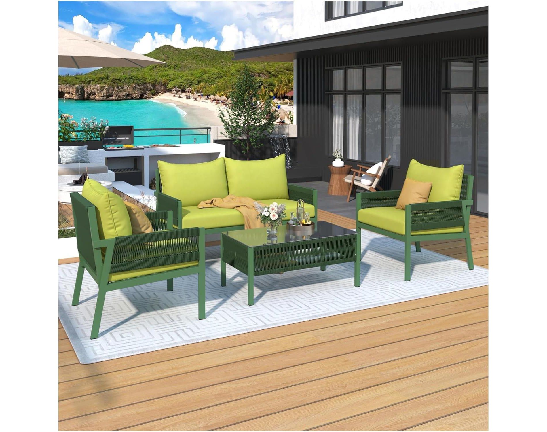4 Piece Outdoor Patio Furniture Set¡ªLoveseat, 2 Single Sofas, Coffee Table, Removable Cushions, Conversation Set for Lawn, Garden, Backyard,Green