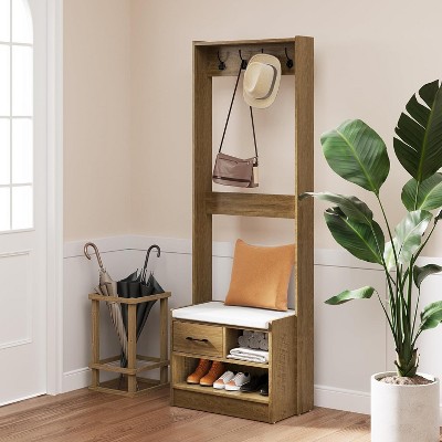 Heynemo Hall Tree with Bench, Entryway Bench with Coat Rack, Shoe Storage, Soft Cushion, Wood Entryway Furniture