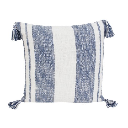 Sophia Stripe Printed Cotton Corner Tassel Pillow Vintage Indigo