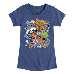 Girls' - Marvel - Guardians of the Galaxy Groot And Rocket Sticker Fitted Short Sleeve Graphic T-Shirt - 1 of 4
