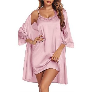 Ekouaer Sleepwear Women's Satin Nightgown with Robes Set 2 Piece Sexy Lace Cami Nightwear - 1 of 4