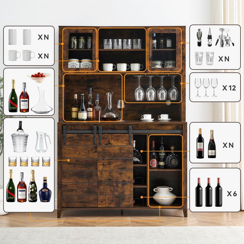 Whizmax Farmhouse Coffee Bar Cabinet with Sliding Barn Doors,Wine Cabinet with Wine&Glasses Rack,Tall Sideboard Buffet Cabinet for Kitchen,Dining Room, 4 of 8