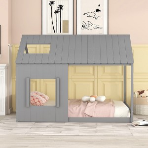 Bed Frame Full Bed With Roof Window, Sturdy Construction Slatted Support, No Box Spring Required, Platform Bed For Boys Girls Teens Bedroom - 1 of 4