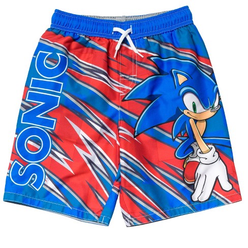 Red and store blue swim trunks