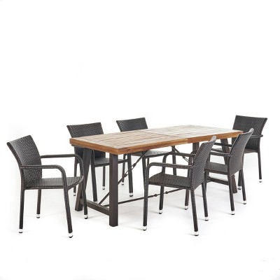 Spencer 7pc Wood & Wicker Dining Set - Brown - Christopher Knight Home