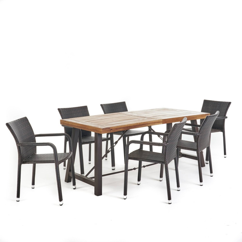 Photos - Garden Furniture Spencer 7pc Wood & Wicker Dining Set - Brown - Christopher Knight Home