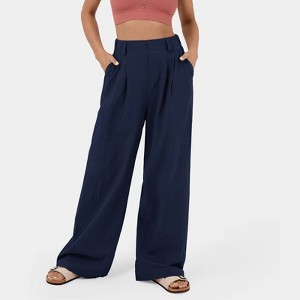 Women's Long Straight Wide Leg Pants Casual Loose High Waist Trousers Navy Blue XL - 1 of 3