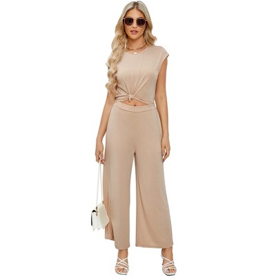 Womens Wide Leg Casual Jumpsuits Cap Sleeve Summer One Piece Outfits Crewneck Romper Criss Cross V-Back