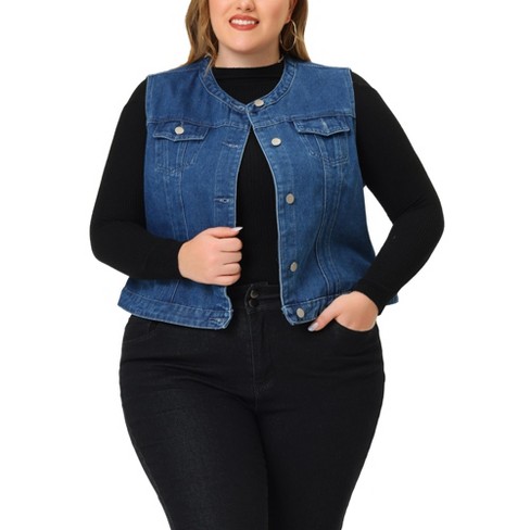 Agnes Orinda Plus Size Denim Vest for Women Button Down Frayed Hem with Pocket Trucker Cargo Jeans Vest 