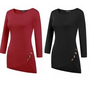 Allegra K Women's 3/4 Sleeve Round Neck Button Decor Casual Stretchy Tunic Tops 2 Packs - 1 of 4