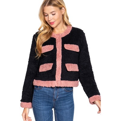 Slickblue Women's Faux Fur Jacket with Pockets, Long Sleeve, Soft Polyester, Black & Pink, Size S-L