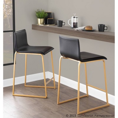 Elegant Gold Metal and Black Faux Leather Counter Stools, Set of 2