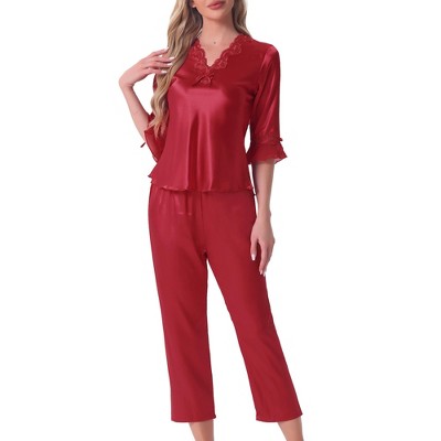 cheibear Women's Satin Silky 3/4 Sleeve Shirt with Long Pajama Pant Soft Pajama Set