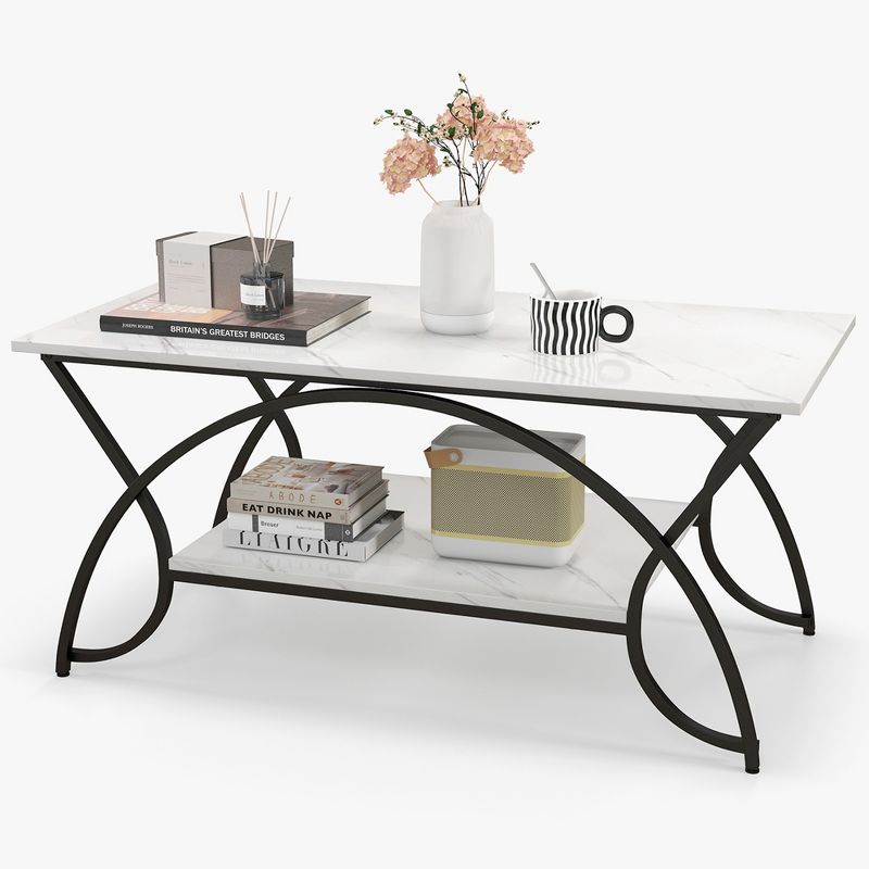 Costway 2-Tier Industrial Coffee Table Rectangular Cocktail Table with Storage Shelf Rustic Brown/Dark Brown/White, 1 of 11