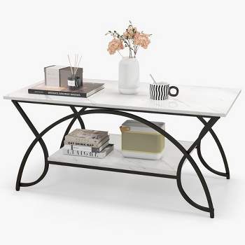 Costway 2-Tier Industrial Coffee Table Rectangular Cocktail Table with Storage Shelf Rustic Brown/Dark Brown/White