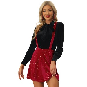 Allegra K Women's Velvet Star Printed Adjustable Strap High Waist Suspender Skirt - 1 of 4