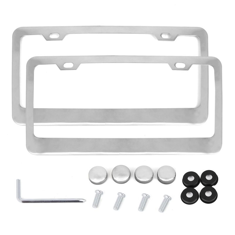 Unique Bargains 2Pcs Stainless Steel Car License Plate Frame w Screw Caps 2 Hole - Silver Tone, 1 of 9
