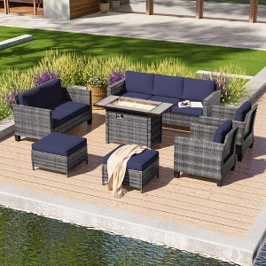 Sonkuki 7 Pieces Patio Sofa with Rectangle Fire Pit Table and Ottomans, Wicker Conversation Couch, Navy Blue Cushion - 1 of 4